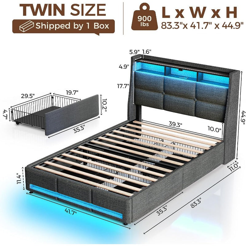 Twin Full Queen Bed Frame with LED Lighting, Built-in Charging Station, have RemotePU Leather/neutral-toned linen fabric Storage Headboard & Drawers,Heavy Duty Wood Slats, Quick & Easy Assembly - Perfect for Bedroom Furniture