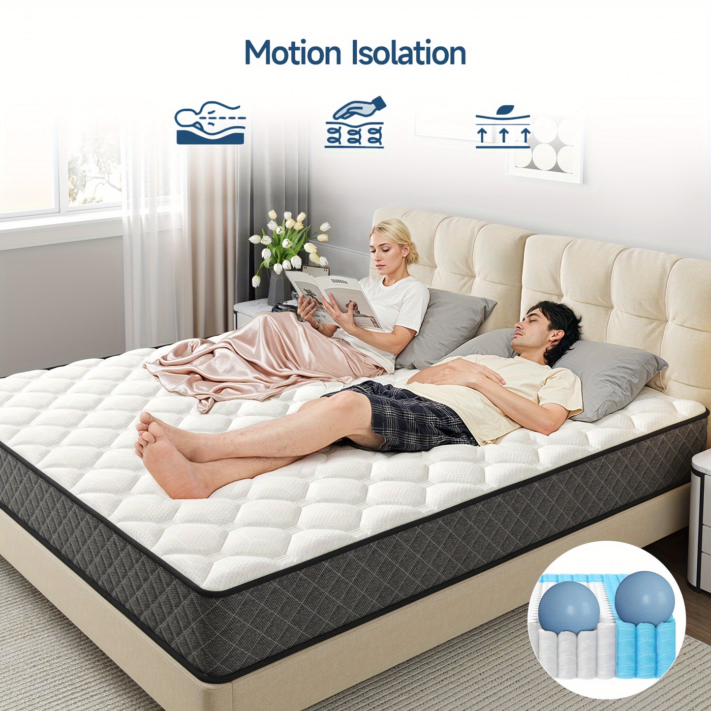 Mattress, 12 Inch Innerspring Hybrid Mattress In A Box With Gel Memory Foam, Individually Wrapped Encased Coil Pocket Spring Mattress, Pressure Relief, Medium Firm Support