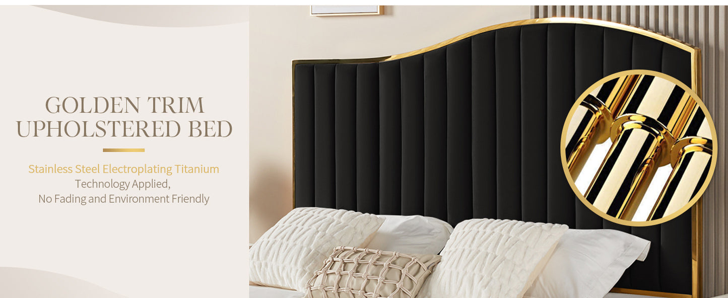 Velvet Bed Frame, 61.4" High Headboard Platform Bed Velvet Upholstered with Gold Trim & Footboard, Black