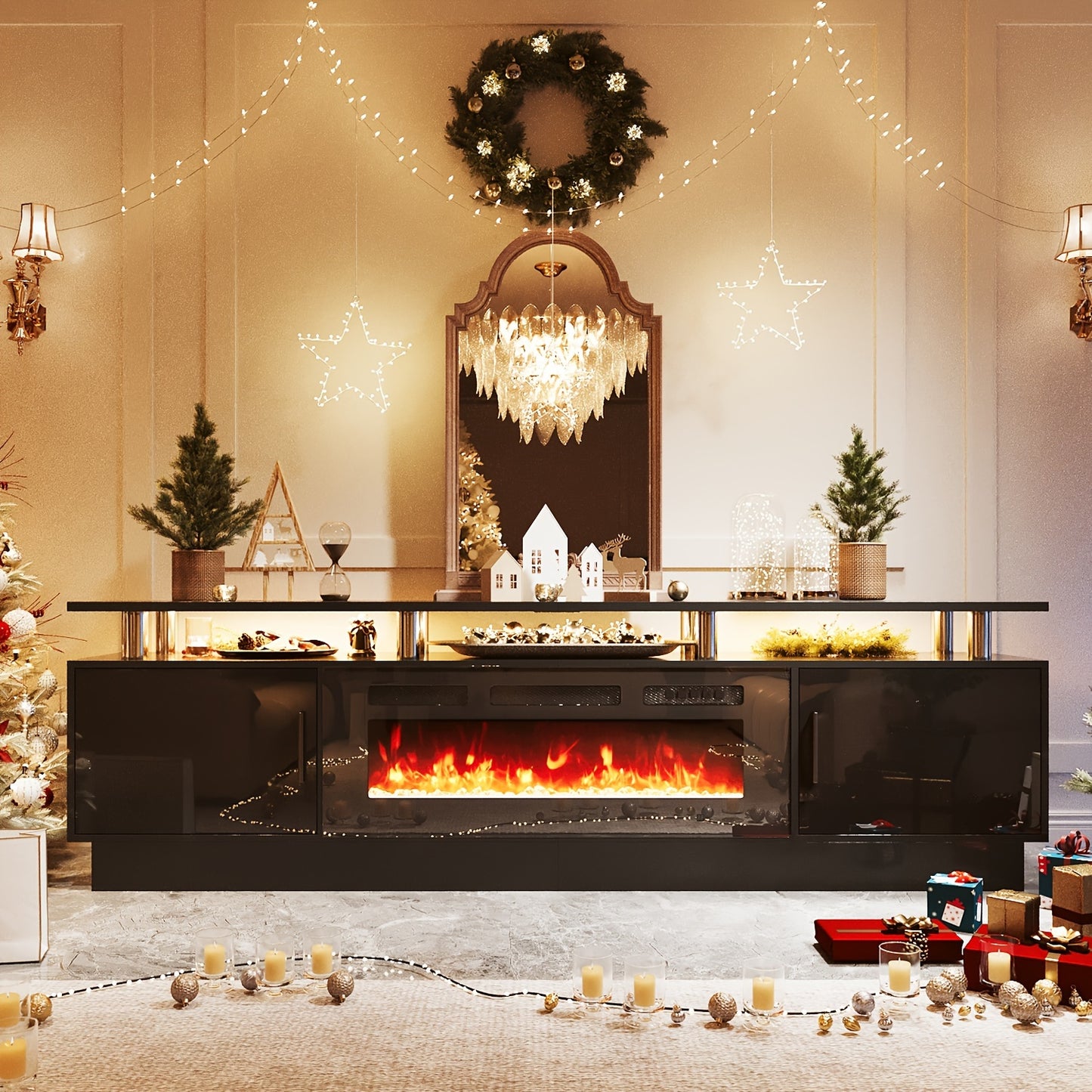 70"/80" Modern Electric Fireplace TV Stand For TVs Up To 80 Inch, With Electronic Flame And LED Lights, Luxury High Gloss Finish Entertainment Center For Living Room, Black