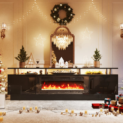 70"/80" Modern Electric Fireplace TV Stand For TVs Up To 80 Inch, With Electronic Flame And LED Lights, Luxury High Gloss Finish Entertainment Center For Living Room, Black