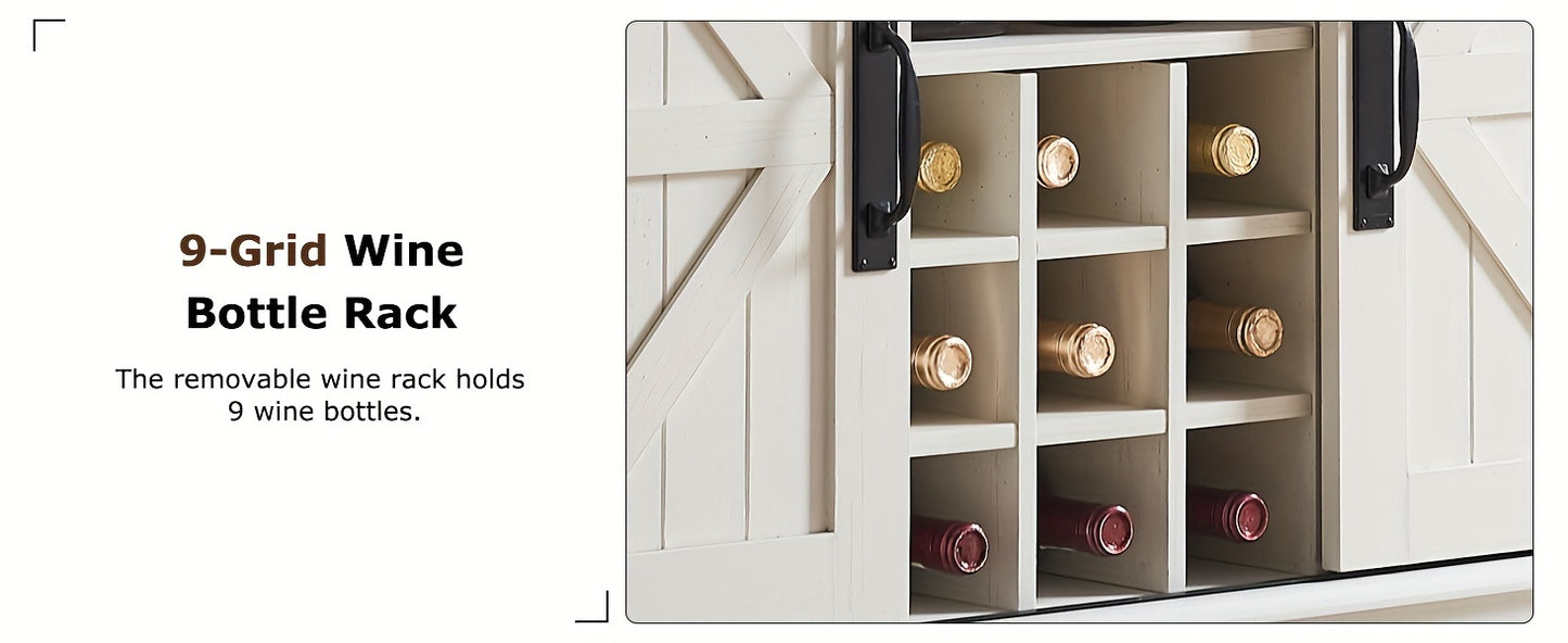 72" Farmhosue Bar Cabinet With Sliding Barn Door, Large Kitchen Buffet With Hutch W/Wine & Glasses Rack, 3 Drawers, 12 Storage Shelves, Rustic Coffee Bar Sideboard Table
