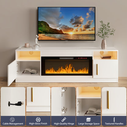 Modern LED Fireplace TV Stand, 36" Electric Fireplace Entertainment Center with Storage Shelves, Metal and Wood Construction, Assembly Required, Fits Up to 80" TVs - White