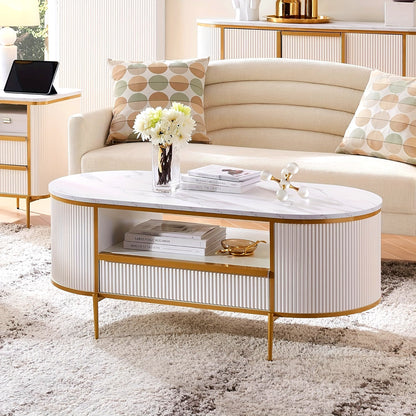 48" Oval Coffee Table - Faux Marble Top & Golden Accents