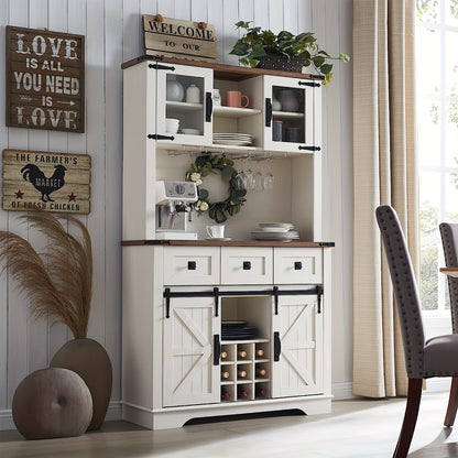72" Farmhosue Bar Cabinet With Sliding Barn Door, Large Kitchen Buffet With Hutch W/Wine & Glasses Rack, 3 Drawers, 12 Storage Shelves, Rustic Coffee Bar Sideboard Table