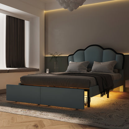 Ball & Cast Full Size Upholstered Princess Platform Bed With LED Lights And 2 Stretch Storage Drawers For Easy Assembly, 77.4 "L X 56.9" W X 37.8 "H