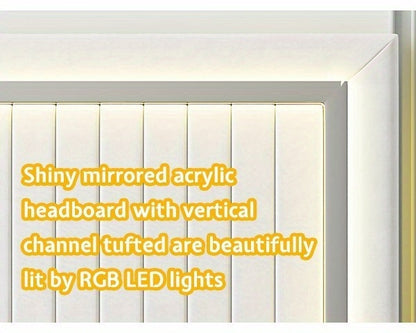 Queen/King Upholstered Platform Bed with LED Lights - 4 Storage Drawers& Adjustable Channeled Headboard, No Box Spring