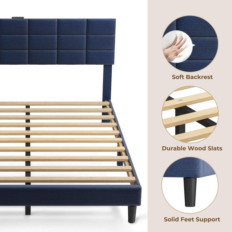 Twin/Full/Queen/King Size Platform Bed Frame with Fabric Upholstered Headboard and Wooden Slats Support, Leather Upholstered Headboard, and Built-in Charging Station, Upholstered Mattress Foundation/No Box Spring Needed/Easy