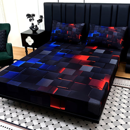 3pcs Cool Technology Digital Printing Material Plaid Fitted Sheet(1pc Bed Sheet+2pcs Pillowcase No Filling)Deep Pocket In 15 Inch At Home Dormitory Suitable for All Seasons Mattress Protector