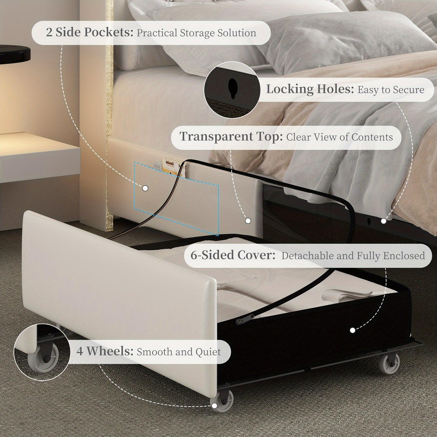 SIBEDS Luxury Queen Bed Frame with Galaxy Aurora Star Projector, USB Charging Station & 2 Storage Drawers - Full Size Platform with Crystal Button Tufted Headboard, Noise-Free Faux Leather, Hardwood Construction