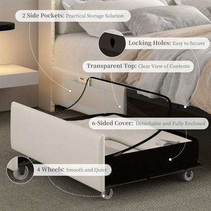 SIBEDS Luxury Queen Bed Frame with Galaxy Aurora Star Projector, USB Charging Station & 2 Storage Drawers - Full Size Platform with Crystal Button Tufted Headboard, Noise-Free Faux Leather, Hardwood Construction