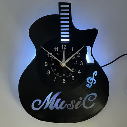 [Unique Vinyl Record Wall Clock] Unique Vinyl Record LED Wall Clock - Guitar-Shaped, Musical Theme, Irregular Shape, Flat Crown, Digital Display, Battery Operated (AA Not Included) - Ideal for Living Room, Bedroom, Office, Mu