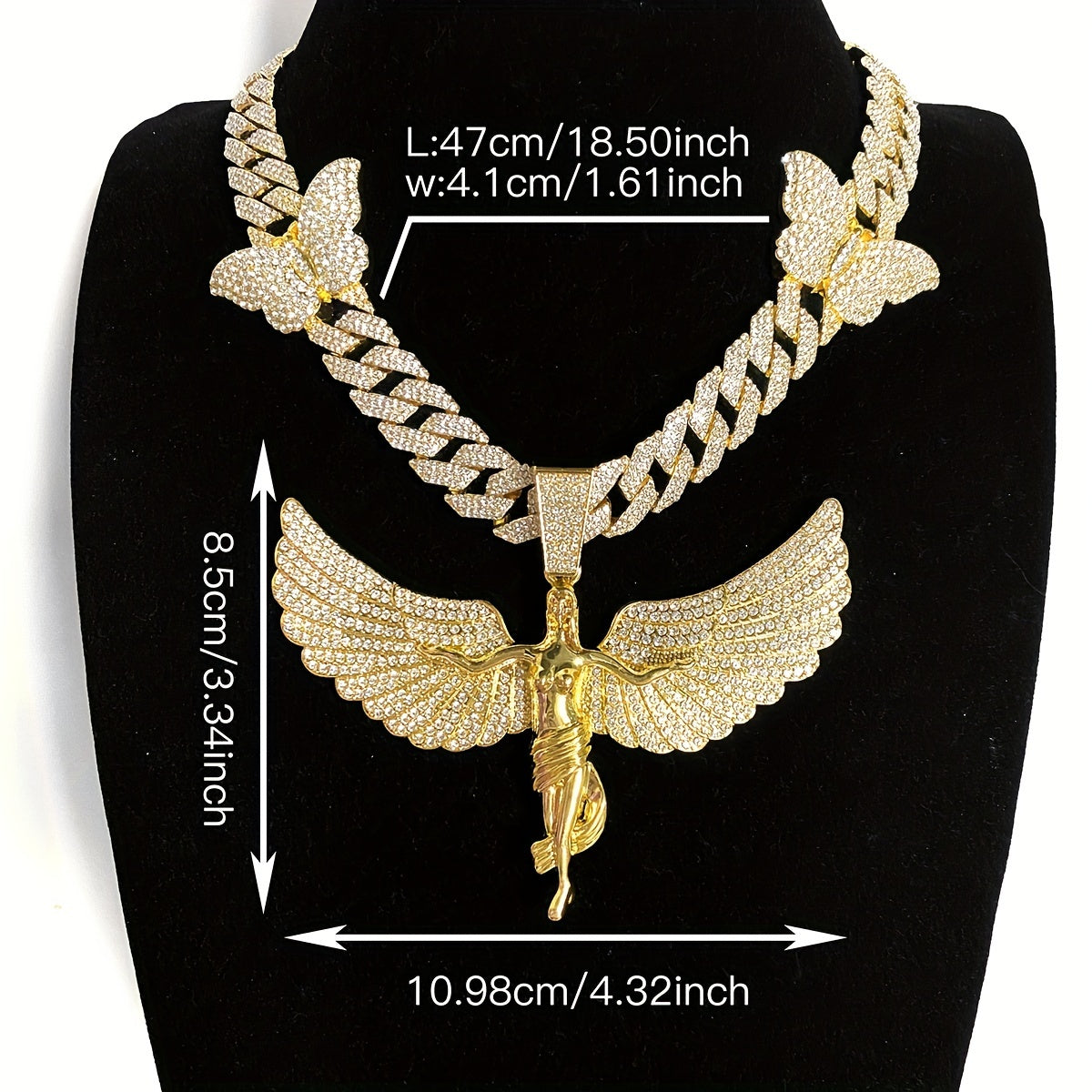 Glamorous Rhinestone Angel Winged Goddess Pendant Necklace with Butterfly - Unisex Zinc Alloy Cuban Chain for Party, Street Style, Night Club - Hip Hop Rapper Jewelry, Thanksgiving and Christmas Gift