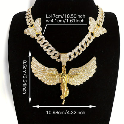 Glamorous Rhinestone Angel Winged Goddess Pendant Necklace with Butterfly - Unisex Zinc Alloy Cuban Chain for Party, Street Style, Night Club - Hip Hop Rapper Jewelry, Thanksgiving and Christmas Gift