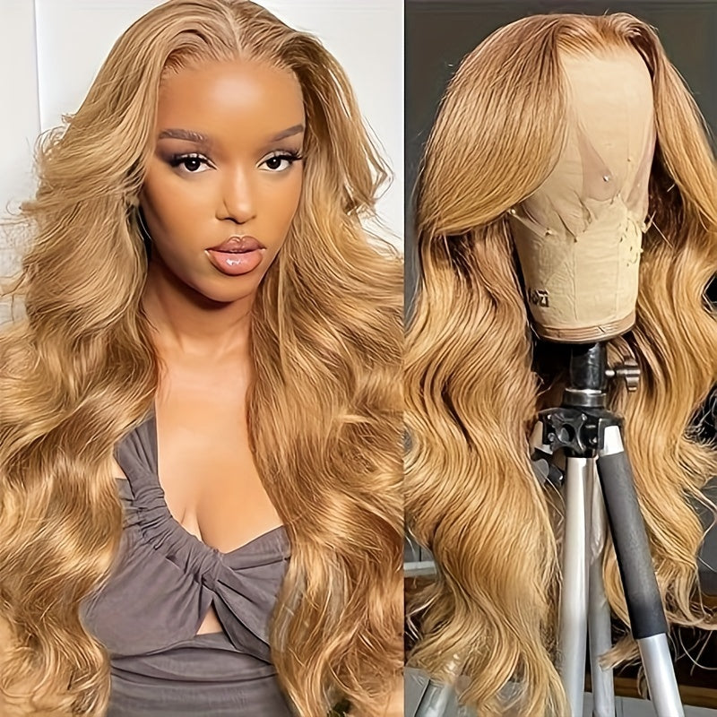 13x6 Ombre Honey Blonde Lace Front Wigs Human Hair, 27# Frontal Wigs Pre Plucked Bleached Knots Transparent Lace Front Wig Human Hair For Women Glueless Human Hair Wig