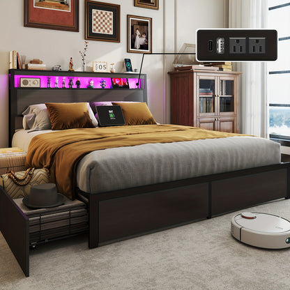 Bed Frame Available in Full, Queen, And King Sizes Featuring LED Lights And a Charging Station. This Metal Platform Bed Includes a Two-Tier Wooden Storage Headboard And Four Storage Drawers. It Operates Quietly, Does Not Requ