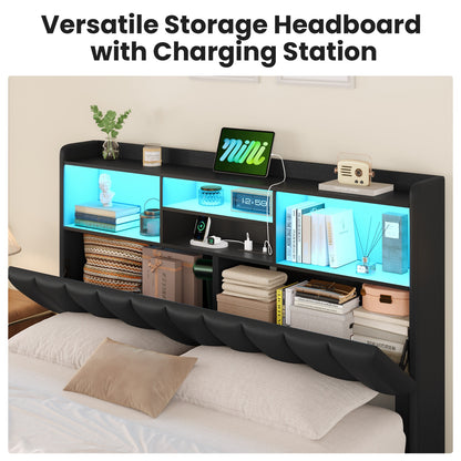 Queen Size Storage Bed Frame with LED Lights and Charging Station | Modern Upholstered Bed, Faux Leather, Bookcase Headboard, Drawers, Metal Slats, No Box Spring Needed, Black