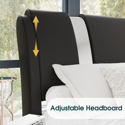 WEEWAY Bed Frame With Modern Iron Pieces Decor, Faux Leather Platform Bed With Curved Adjustable Headboard, Wood Slat Support, No Box Spring Required