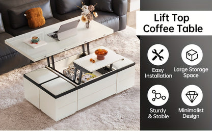 Extendable Coffee Table - 4 Storage Stools & Lift Top