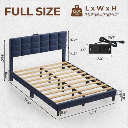 Twin/Full/Queen/King Size Platform Bed Frame with Fabric Upholstered Headboard and Wooden Slats Support, Leather Upholstered Headboard, and Built-in Charging Station, Upholstered Mattress Foundation/No Box Spring Needed/Easy