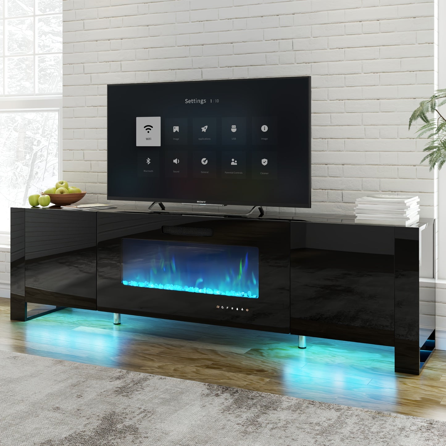 Modern Electric Fireplace TV Stand with LED Lights, Entertainment Center for TVs
