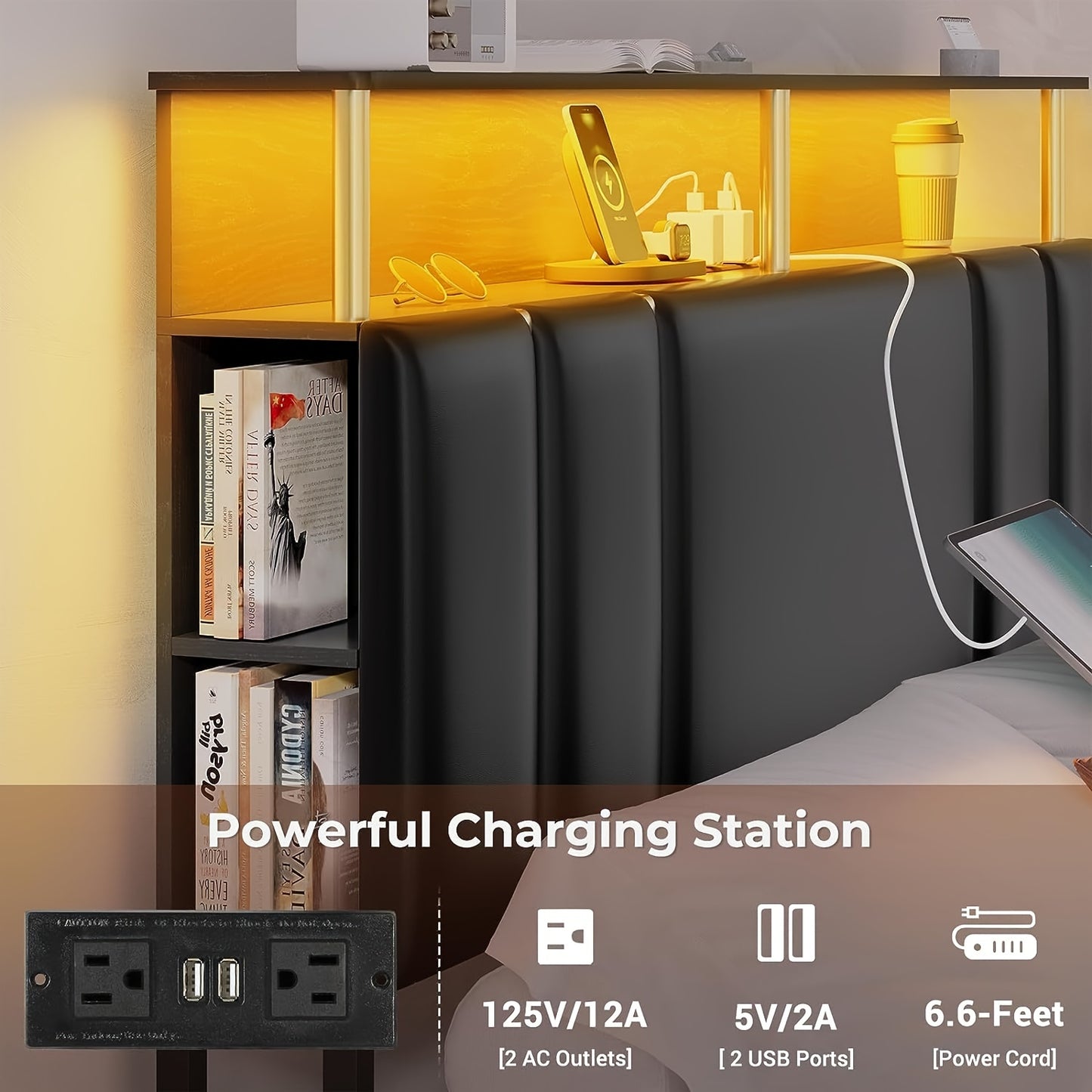 Full LED Bed Frame with Power Outlets and 4 Drawers, Upholstered Platform Bed with Open Shelves and Hidden Storage, Black