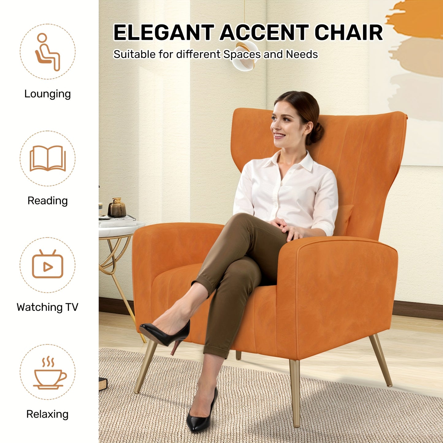 Modern Velvet Accent Chair with Metal Legs and Head Support – Cozy Mid-Century Reading Armchair, Includes Cushion and Footrest, Available in Gray/Yellow/Black