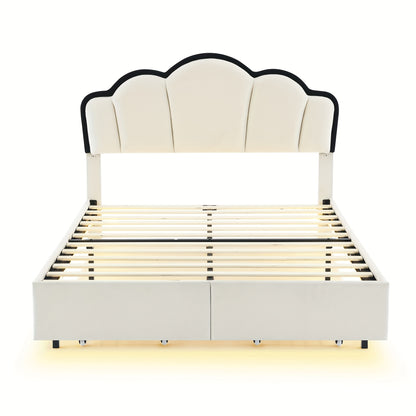 Ball & Cast Full Size Upholstered Princess Platform Bed With LED Lights And 2 Stretch Storage Drawers For Easy Assembly, 77.4 "L X 56.9" W X 37.8 "H