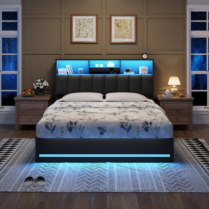 MSmask Queen Size LED Bed Frame with Storage Headboard, 4 Drawers & Bookcase - Contemporary Metal Design, RGB Lighting, Built-in Charging Station, Ideal for Modern Bedrooms