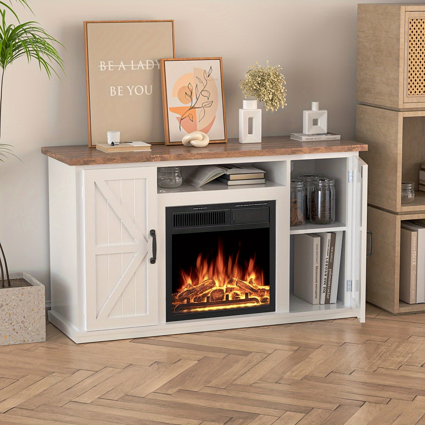 Fireplace TV Stand For 50 Inch TV, Modern Entertainment Center With 20" Electric Fireplace, TV Console With Open Shelves For Living Room And Bedroom, Walnut.