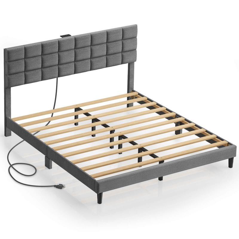 Twin/Full/Queen/King Size Platform Bed Frame with Fabric Upholstered Headboard and Wooden Slats Support, Leather Upholstered Headboard, and Built-in Charging Station, Upholstered Mattress Foundation/No Box Spring Needed/Easy