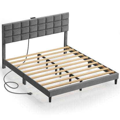 Twin/Full/Queen/King Size Platform Bed Frame with Fabric Upholstered Headboard and Wooden Slats Support, Leather Upholstered Headboard, and Built-in Charging Station, Upholstered Mattress Foundation/No Box Spring Needed/Easy