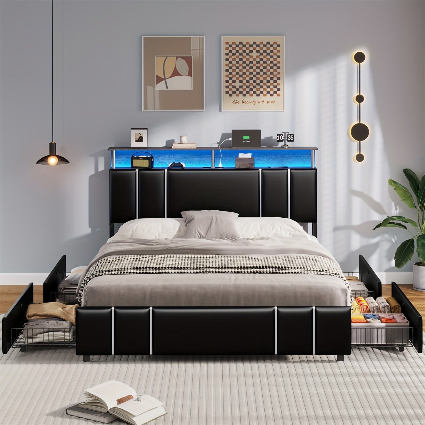 Full LED Bed Frame with Power Outlets and 4 Drawers, Upholstered Platform Bed with Open Shelves and Hidden Storage, Black