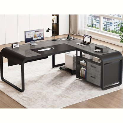 Modern 63" L-Shaped Executive Desk with Mobile CPU Stand, File Cabinet & Drawers - Spacious Gray Metal Office Desk for Home, Workspace Storage & Charging Station, Adjustable Height, Minimalist Design, Workspace Furniture | Mo