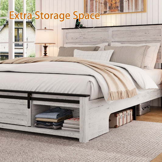 Queen Bed Frame With Upholstered Headboard And Wood Platform, Storage Headboard With Charging Station And LED, Bed Frame With Bookcase, No Noise, No Box Spring Needed, Easy Assembly, Antique White