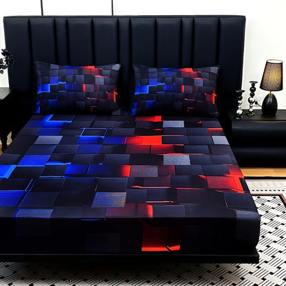 3pcs Cool Technology Digital Printing Material Plaid Fitted Sheet(1pc Bed Sheet+2pcs Pillowcase No Filling)Deep Pocket In 15 Inch At Home Dormitory Suitable for All Seasons Mattress Protector