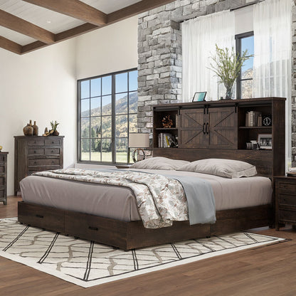 Farmhouse-Style Wooden Platform Bed Frame Boasting a 51.2" Bookcase Headboard, Integrated Storage with a Sliding Barn Door Charging Station and 2 Drawers - No Box Spring Required, Totally Noise-Free