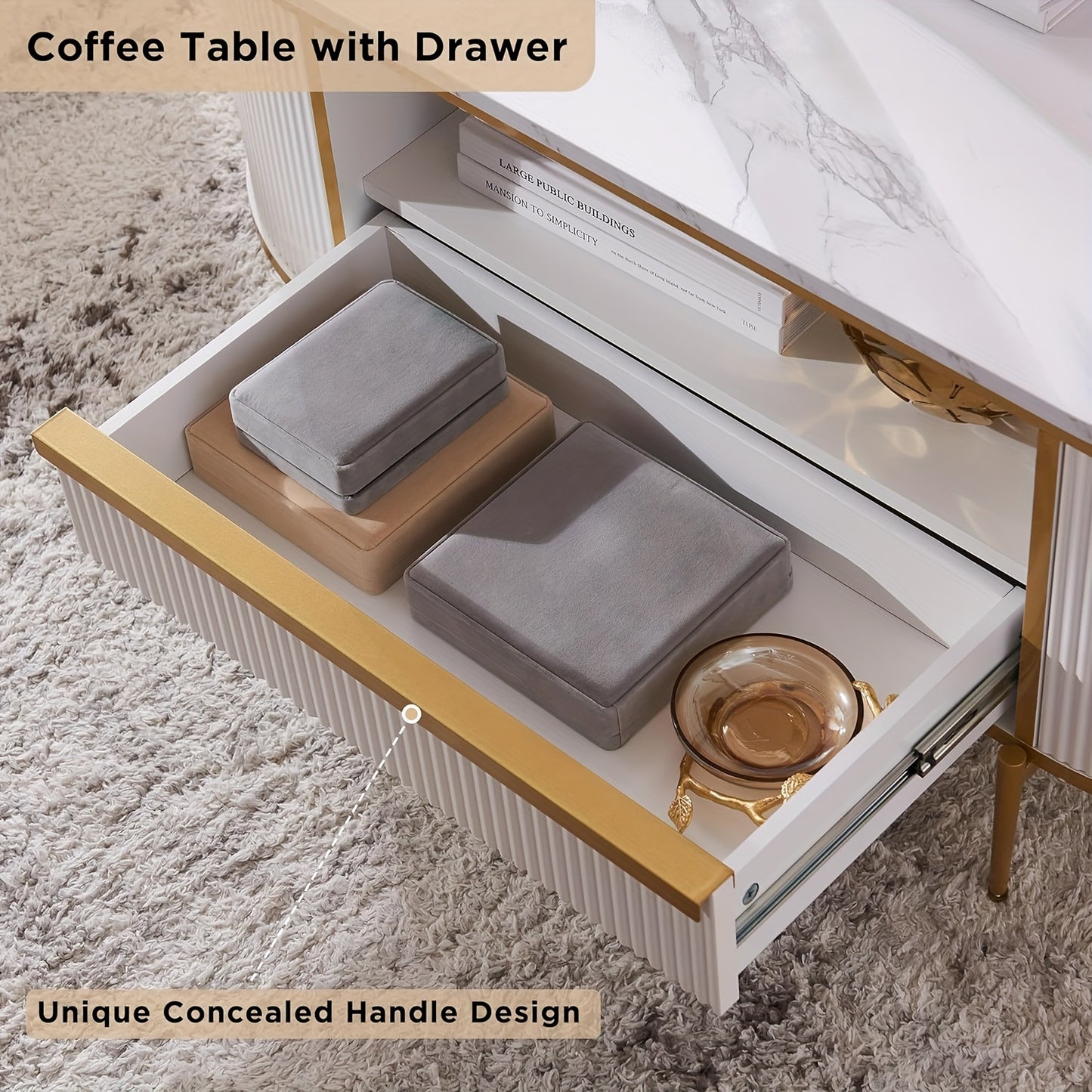 48" Oval Coffee Table - Faux Marble Top & Golden Accents
