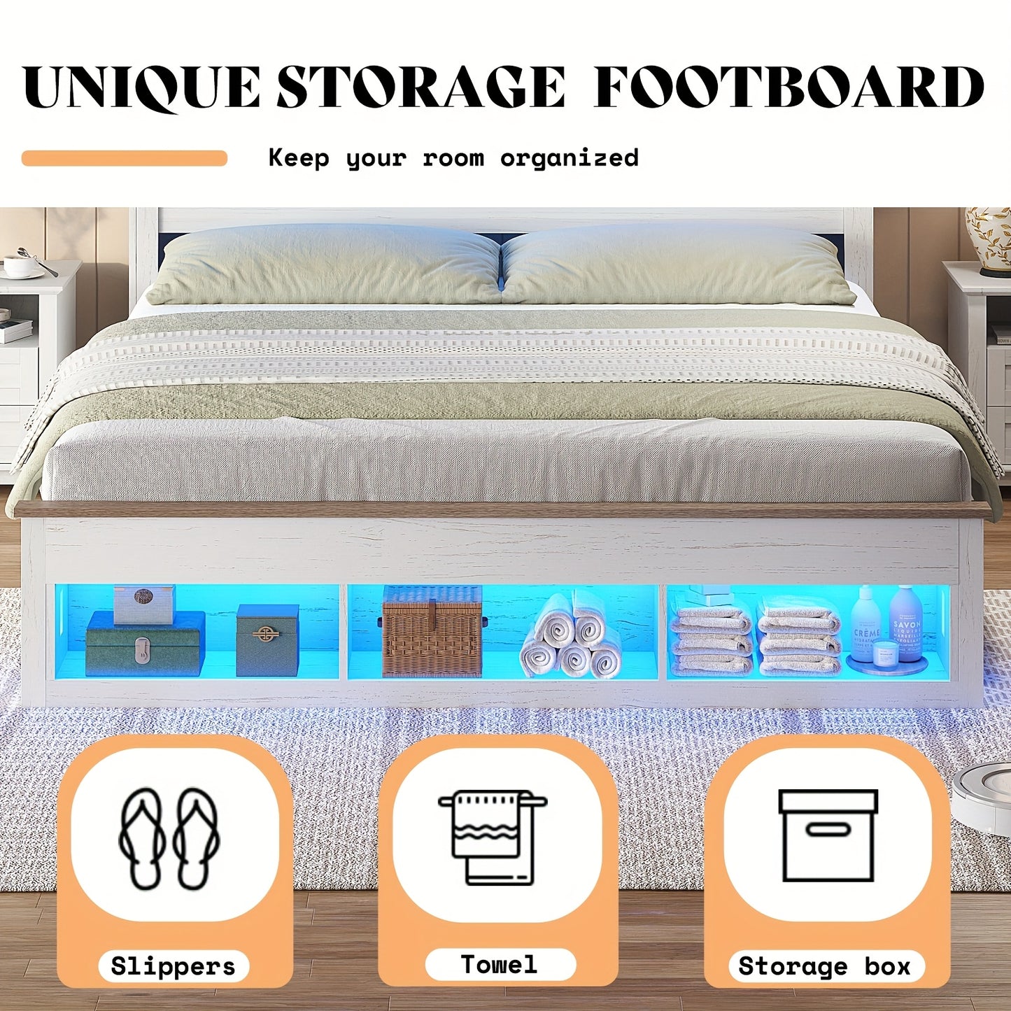 Platform Bed in Farmhouse Style Featuring a Storage Headboard And Footboard, Integrated LED Lighting, And a Charging Station - Does Not Need a Box Spring.