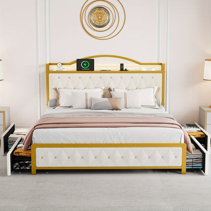Queen Bed Frame with LED Lights, Platform Upholstered Bed with 4 Storage Drawers and Charging Station, Crystal Button- Tufted Headboard Footboard, No Box Spring Needed- White