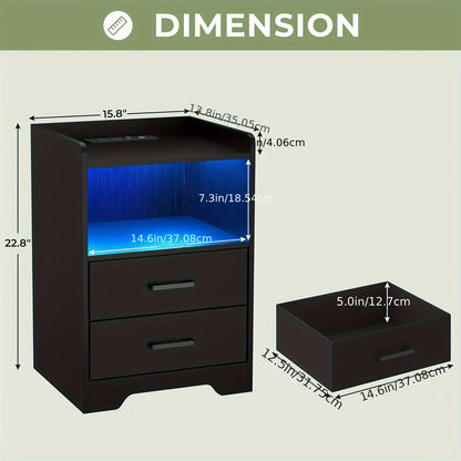 2pcs Black Nightstand with Storage Drawers for Bedroom, Modern Bedside Table Nightstands with Charging Station and LED Lights
