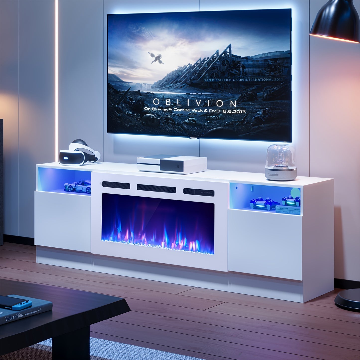 Fireplace TV Stand With 36" Electric Fireplace, Modern Electric Fireplace Entertainment Center With LED Lights For TVs Up To 80", 2 Tier TV Console Cabinet For Living Room, White
