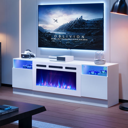 Fireplace TV Stand With 36" Electric Fireplace, Modern Electric Fireplace Entertainment Center With LED Lights For TVs Up To 80", 2 Tier TV Console Cabinet For Living Room, White
