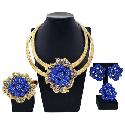 Jewelry Sets For Women 24K Gold Plated Original  Luxury Wedding Blue Rose Flower Necklace Earrings Party Dubai Gold Jewelry