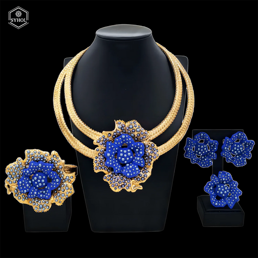 Jewelry Sets For Women 24K Gold Plated Original  Luxury Wedding Blue Rose Flower Necklace Earrings Party Dubai Gold Jewelry