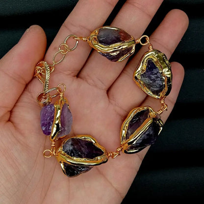 YYGEM Natural Purple Amethyst Rough Nugget With Electroplated Edge Wrap Bracelet 8"