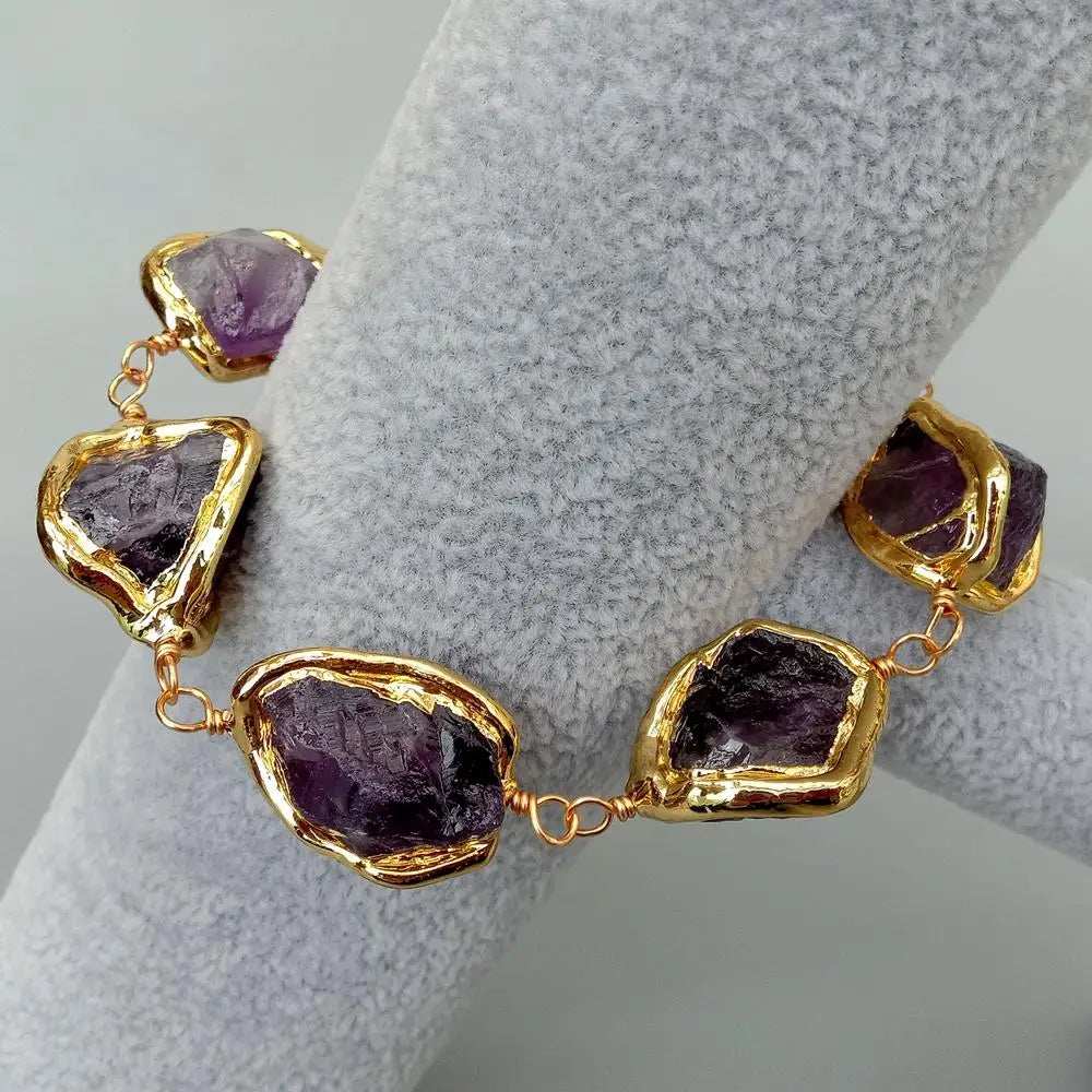 YYGEM Natural Purple Amethyst Rough Nugget With Electroplated Edge Wrap Bracelet 8"