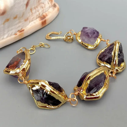 YYGEM Natural Purple Amethyst Rough Nugget With Electroplated Edge Wrap Bracelet 8"