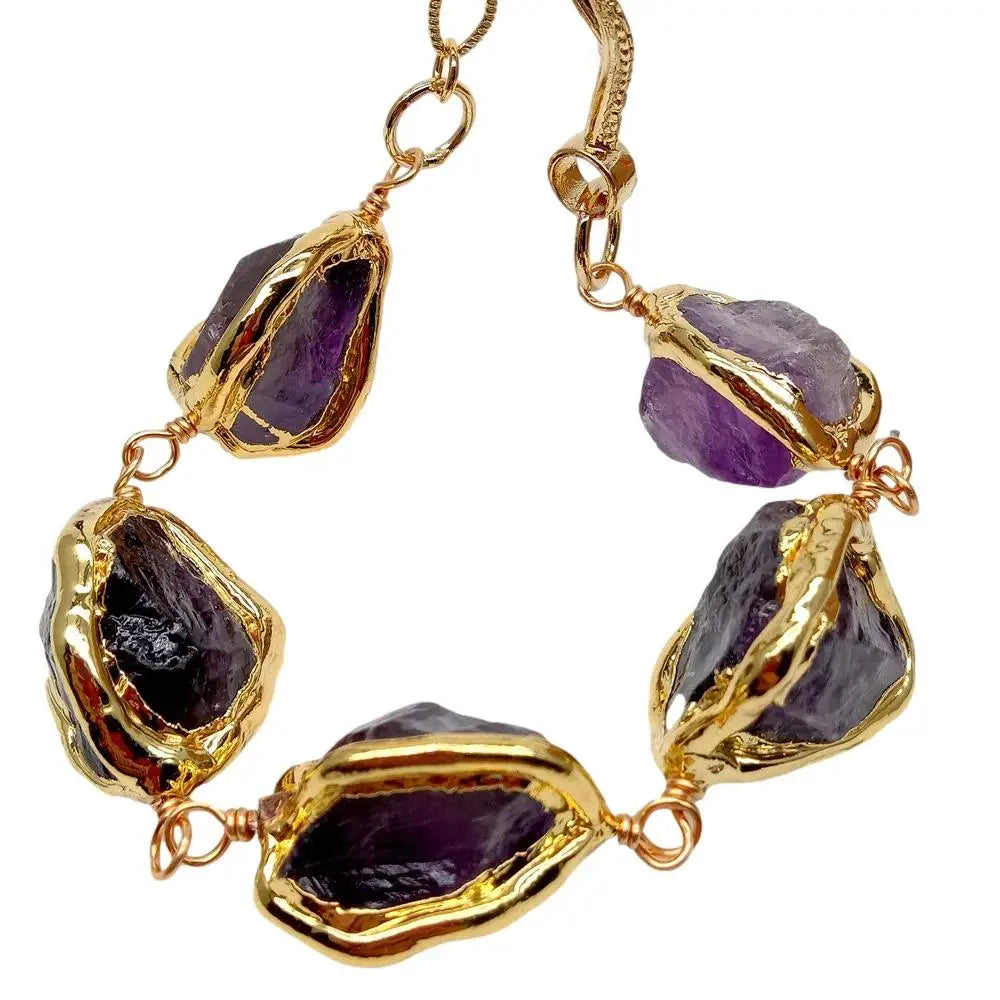 YYGEM Natural Purple Amethyst Rough Nugget With Electroplated Edge Wrap Bracelet 8"