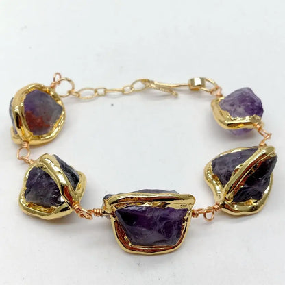 YYGEM Natural Purple Amethyst Rough Nugget With Electroplated Edge Wrap Bracelet 8"
